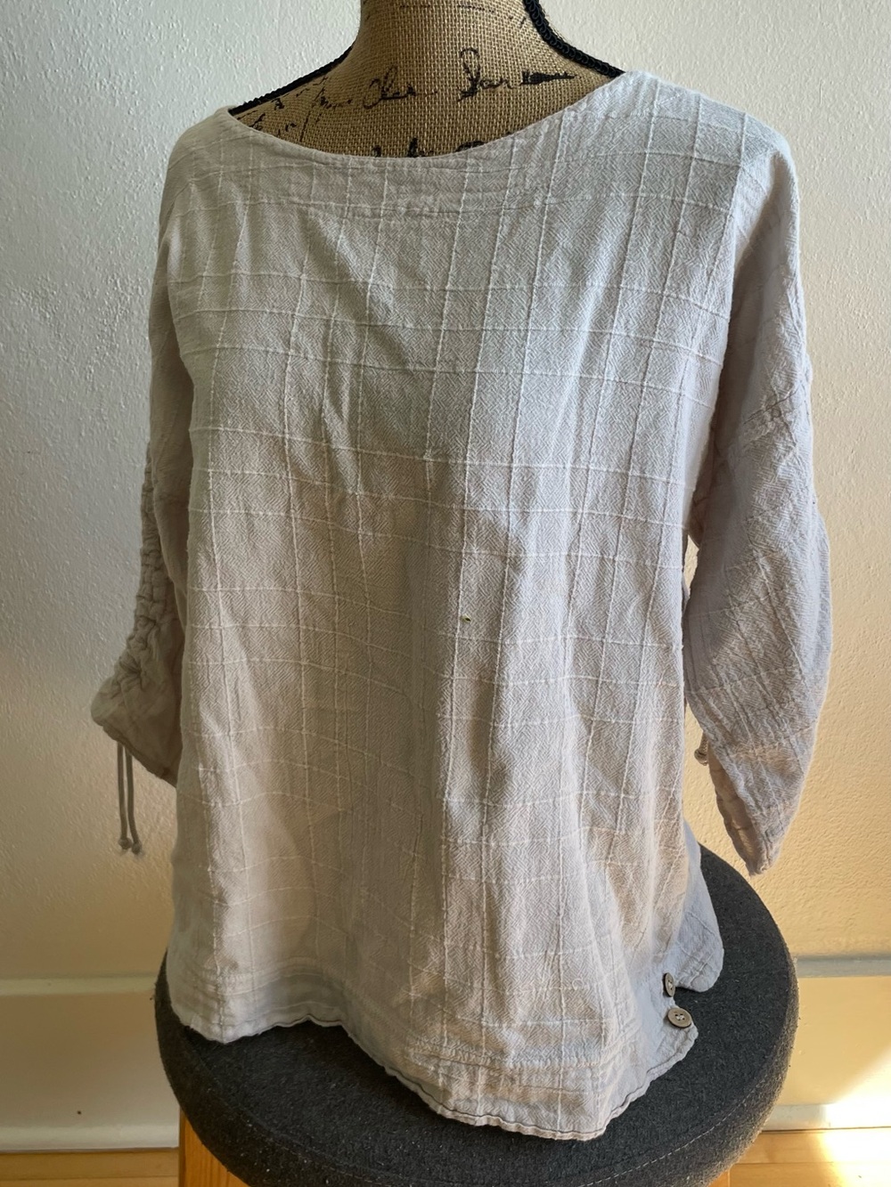 Ezze Wear cream & white checkered 100% cotton blouse with tie sleeves and button
